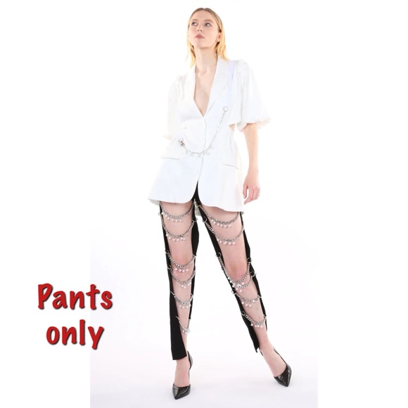 Beulah Pants - Beulah Style Chain Linked Pearl Embellished Cutout Denim Pants